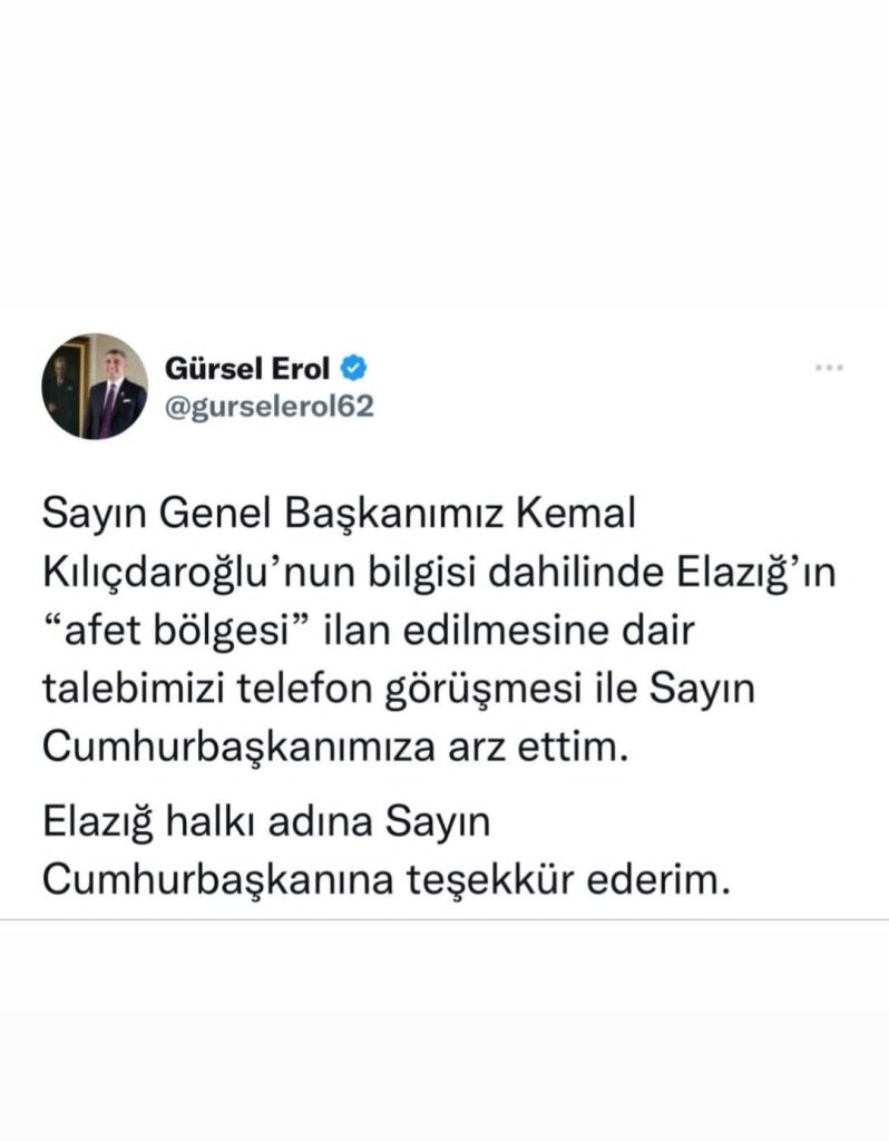 CHP Elazığ Milletvekili Gürsel Erol Cumhurbaşkanı Erdoğan ile telefon görüşmesi yaptı