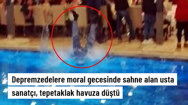 Ünlü Türkücü Mustafa Keser, depremzedelere moral gecesinde havuza düştü
