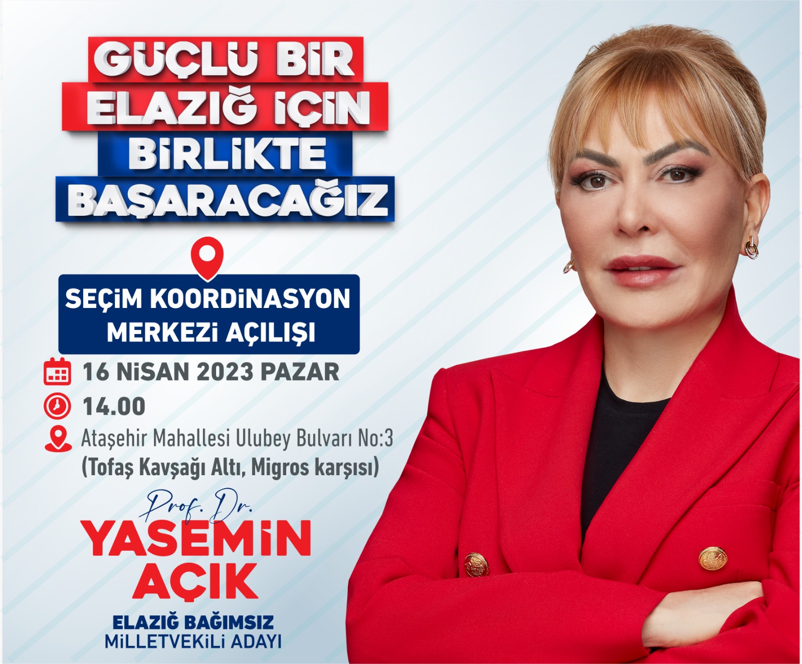 Güçlü bir Elazığ için Birlikte Başaracağız” sloganıyla yola çıkan Açık’ın seçim koordinasyon Merkezi Pazar Günü Açılıyor