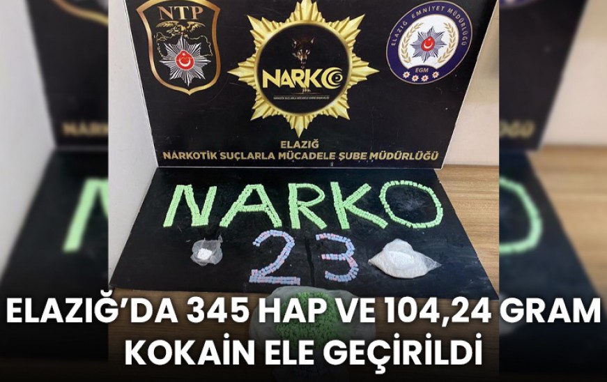 Elâzığ’da polis ekiplerinin yaptığı çalışmada, 345 adet extacy hap,104,24 gram kokain madde ele Geçirildi.